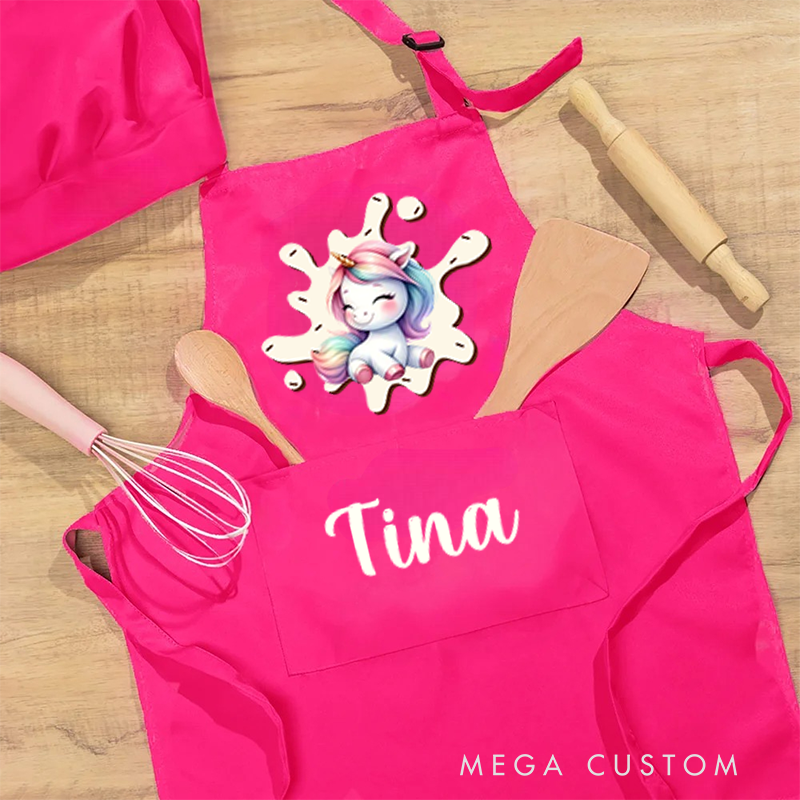 Personalized Fantasy Unicorn Adjustable Apron Chef Hat Set with Pocket and Name Cooking Baking Birthday Gift for Kids