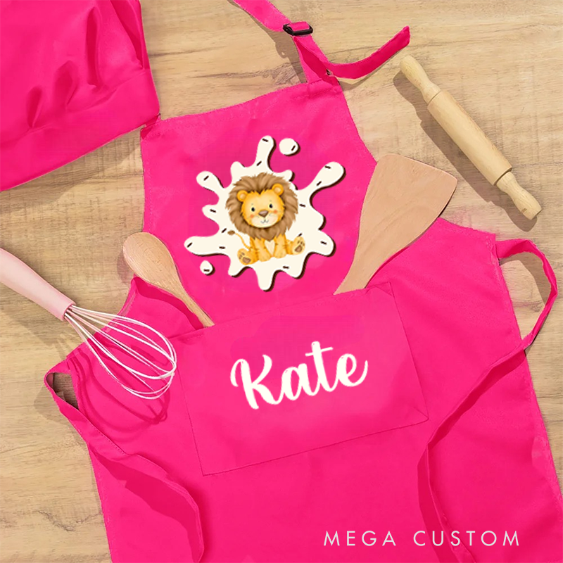 Personalized Cute Animals Adjustable Apron Chef Hat Set with Pocket and Name Cooking Baking Birthday Gift for Kids