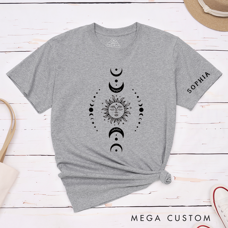 Personalized Sun and Moon Classic T-Shirts Unisex Astrology Custom Name Tee Spiritual Celestial Gift for Men Women Unique Horoscope Retro Top