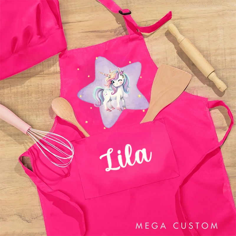 Personalized Cute Animals Adjustable Apron Chef Hat Set with Pocket and Name Cooking Baking Birthday Gift for Kids