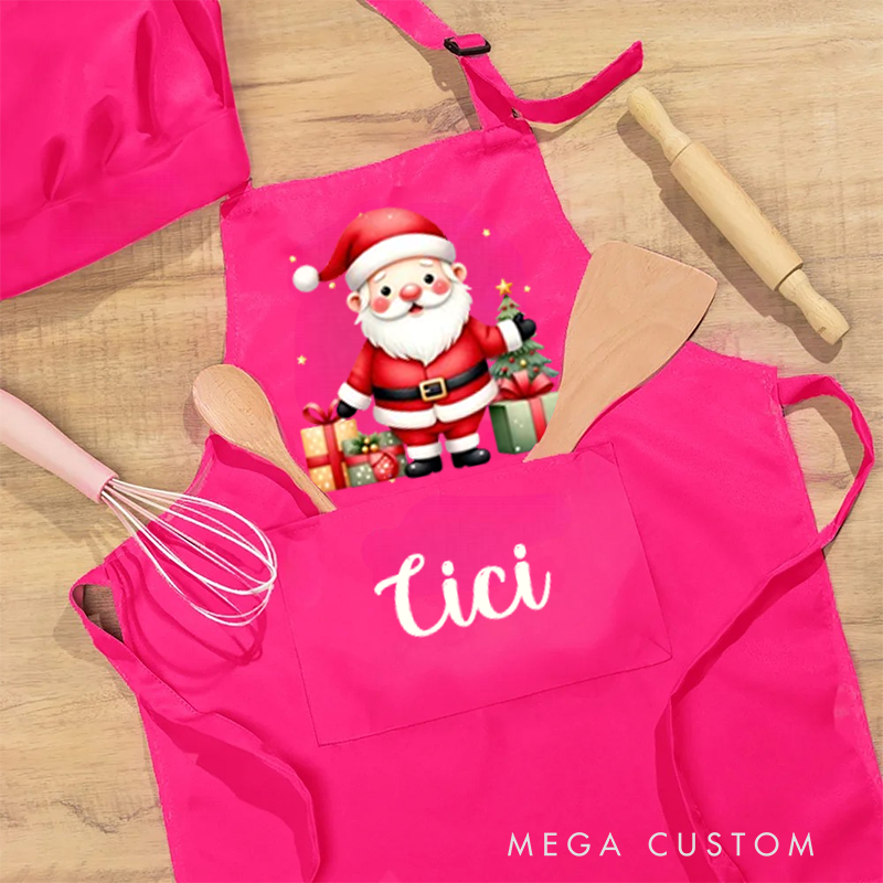 Personalized Cute Santa Claus Apron Chef Hat Set with Pocket and Name Cooking Baking Birthday Gift for Kids