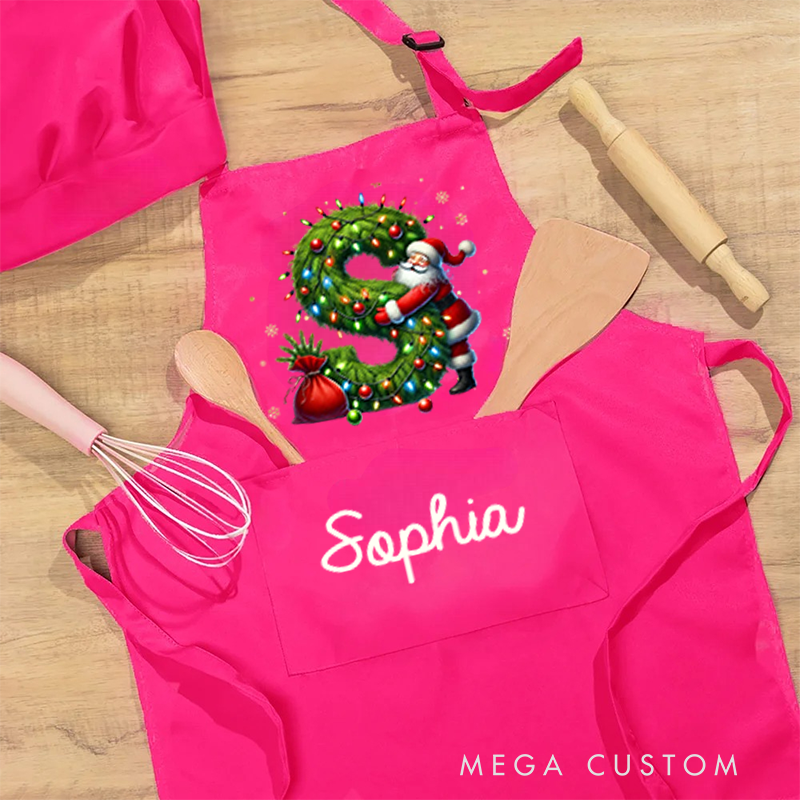 Personalized Santa Claus Initials Adjustable Apron Chef Hat Set with Pocket and Name Cooking Baking Birthday Gift for Kids