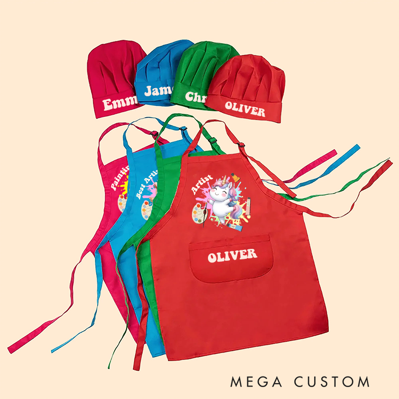 Personalized Cute Animal Kids Art Apron Fantasy Unicorn Kid Apron Chef Hat Set with Name Cooking Handcraft Activities Birthday Holiday Gift for Kids