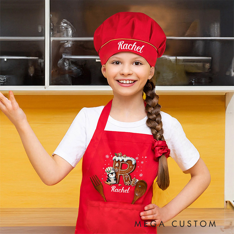 Personalized Cute Penguin Cookie Initial Adjustable Kid Apron Chef Hat Set with Pocket for Cooking Christmas Birthday Gift for Boys Girls