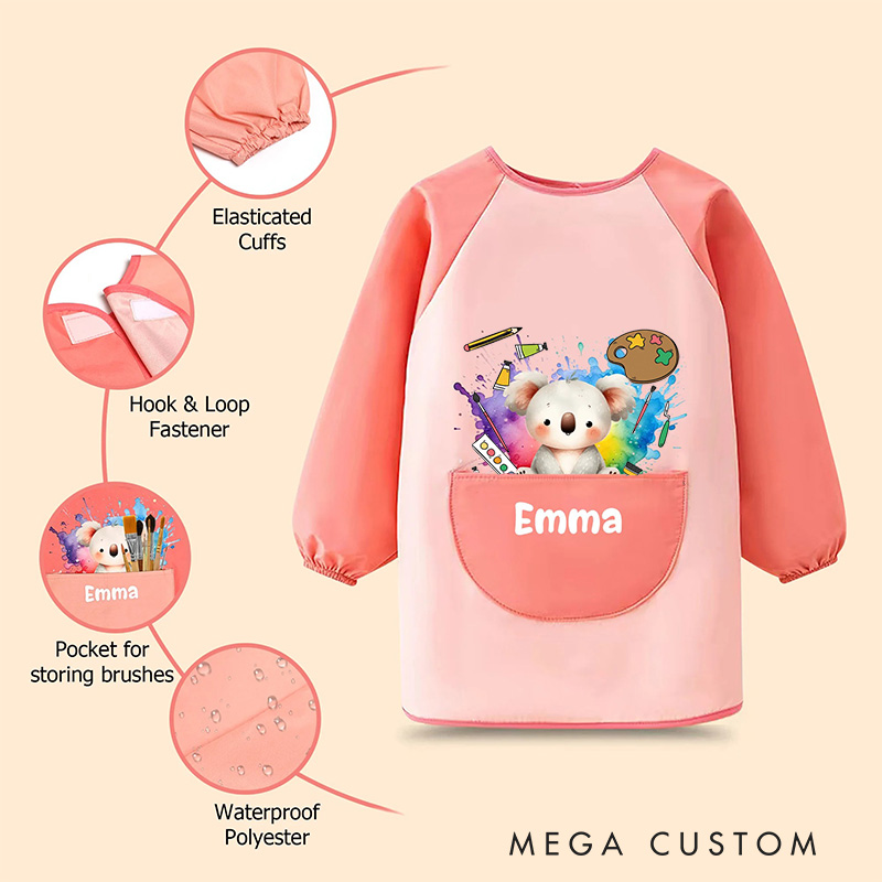 Personalized Cute Animal Kids Art Apron Long Sleeve Kid Apron with Name Painting Handcraft Activities Birthday Holiday Gift for Kids