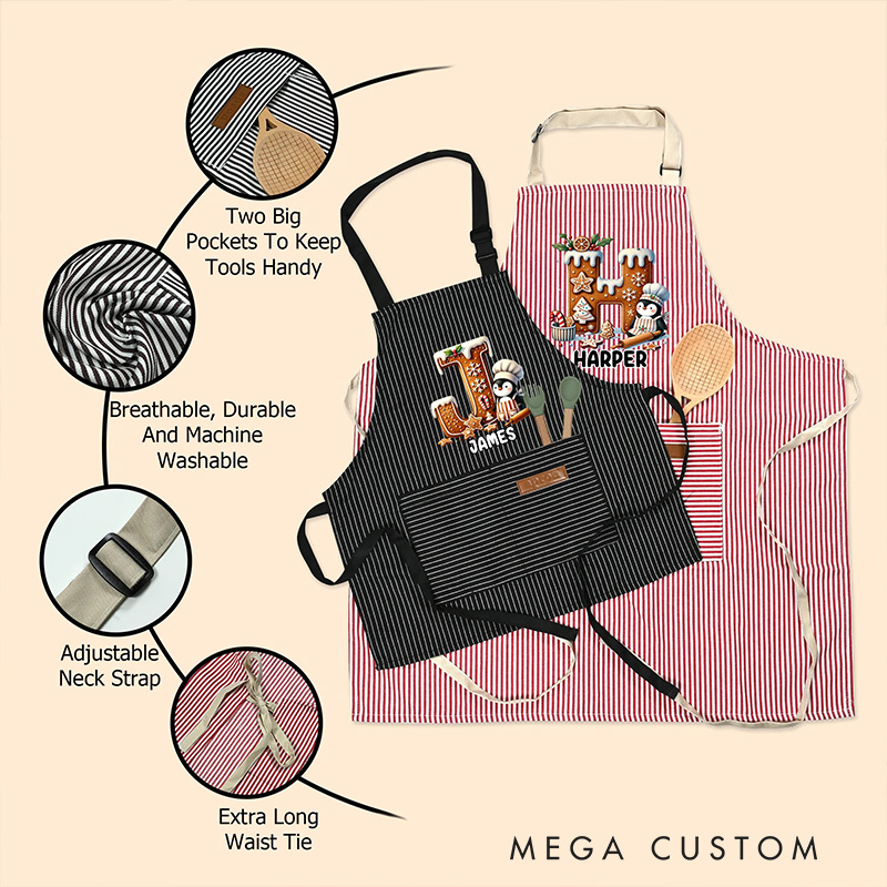 Personalized Christmas Penguin Biscuit Initial Kid Adult Baking Apron with Name and Front Pocket Birthday Christmas Gift for Kids Family