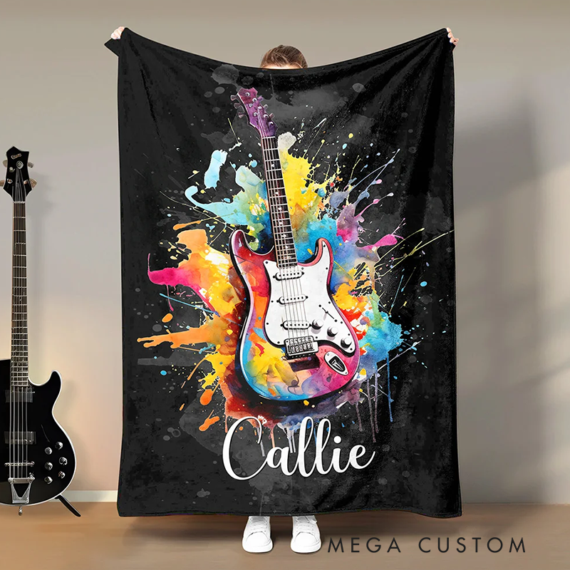Personalized Multicolor Splash Ink Electric Guitar Soft Throw Blanket with Name Music Room Decor Gift for Guitar Player