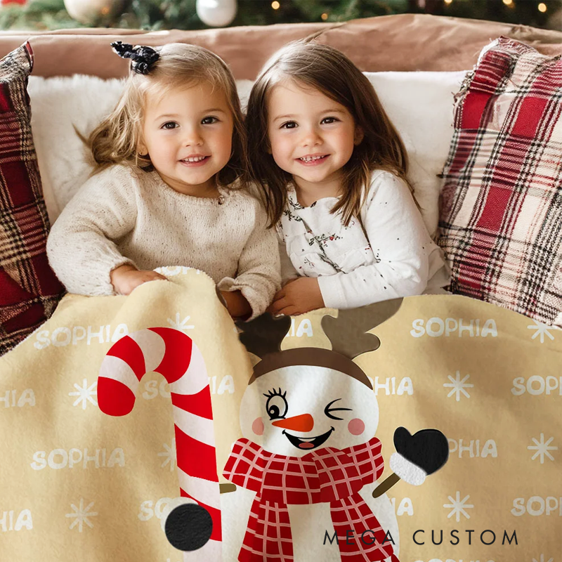 Personalized Cute Candy Cane Top Hat Snowman Soft Throw Blanket with Name Festival Home Decor Christmas Birthday Gift for Family Kids