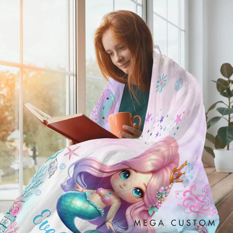 Personalized Fantasy Mermaid Soft Throw Blanket with Name Home Decor Birthday Gift for Girls Mermaid Lovers