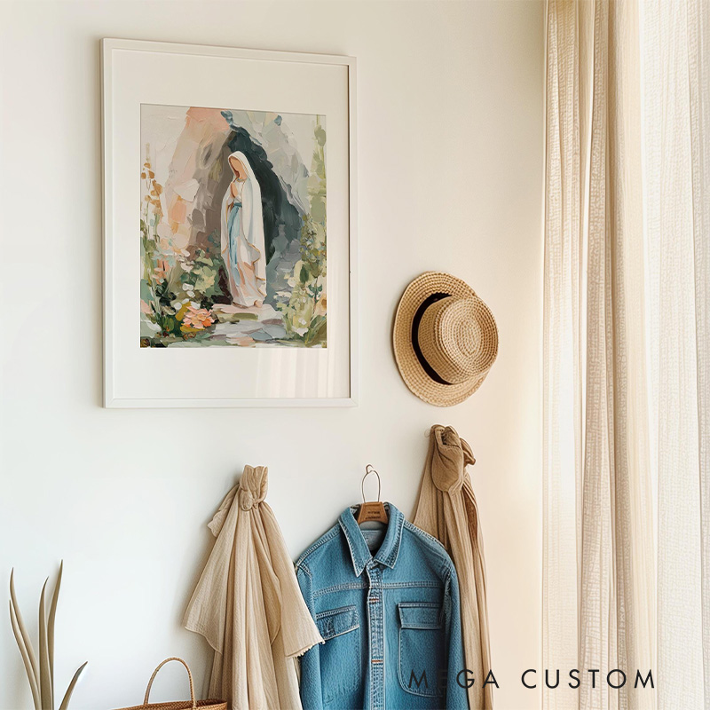 Personalized Our Lady of Lourdes Virgin Mary Catholic Modern Art Frameless Poster with Name Neutral Christian Wall Decor Gift for Her Blessed Mother