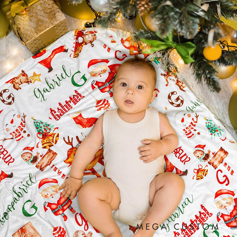 Personalized Santa Claus Reindeer Snowman Christmas Blanket with Name Home Decoration Christmas Gift for Kid Family Friend