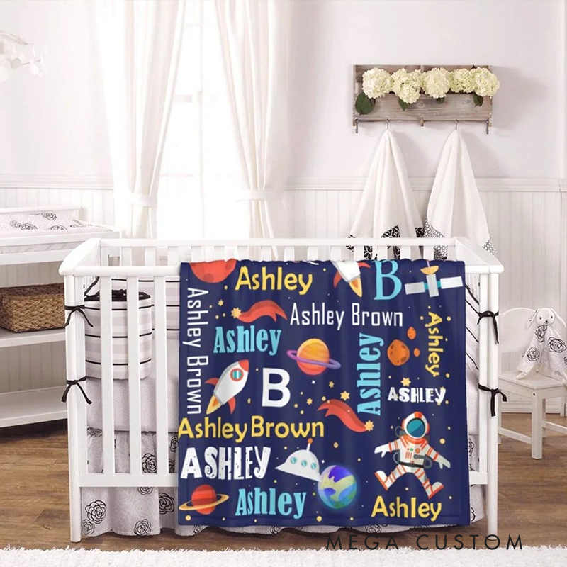Personalized Space Theme Astronaut Rocket Fleece Soft Blanket with Name Birthday Gift for Kid