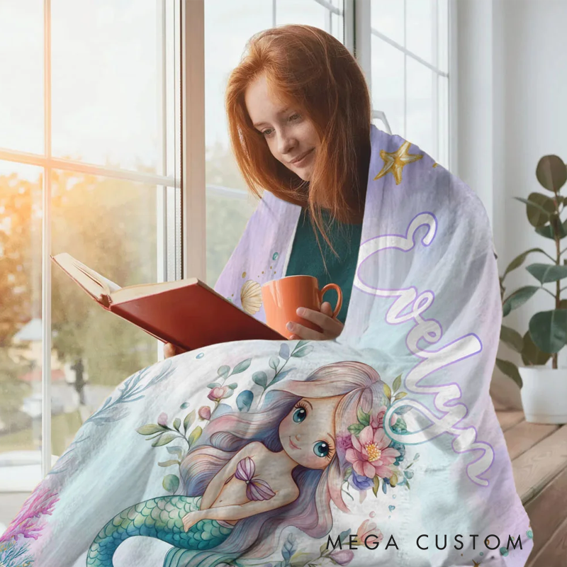 Personalized Fantasy Mermaid Princess Underwater World Soft Throw Blanket with Name Home Decor Birthday Gift for Girls