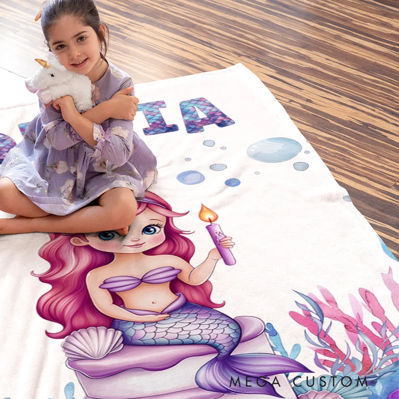 Personalized Fantasy Mermaid Underwater World Soft Throw Blanket with Name Home Decor Birthday Gift for Girls