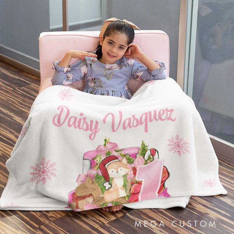 Personalized Baby's First Christmas Blanket Cute Animal on Gift Truck Sofa Blanket with Name Holiday Home Decoration Christmas Gift for Family Kid
