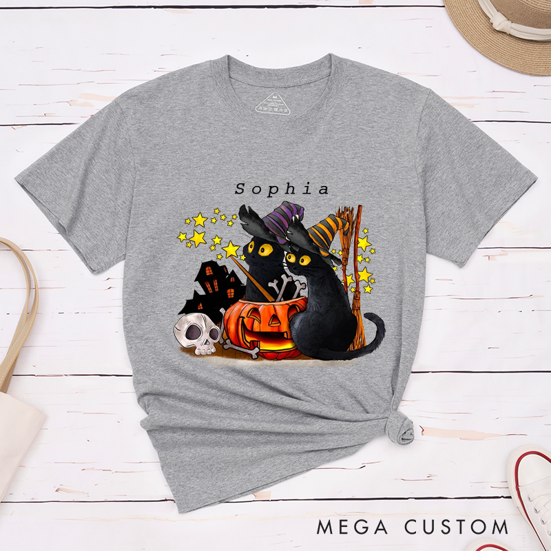 Personalized Halloween Black Cat T-Shirt Custom Witch Hat Pumpkin Skull Classic Unisex Gift Vintage Spooky Stars Broomstick Present for Cat Lovers