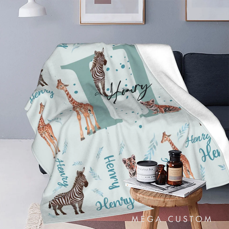 Personalized Cute Jungle Animal Soft Throw Blanket with Name Baby Shower Christmas Gift for Boys Girls
