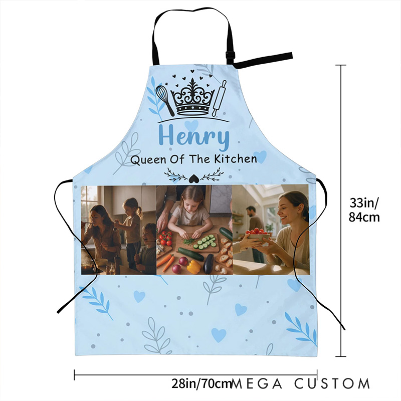 Personalized Crown Heart-Shaped Prints 3 Photos Waterproof Adjustable Apron with Name and Pockets Mother's Day Birthday Gift for Mom Grandma