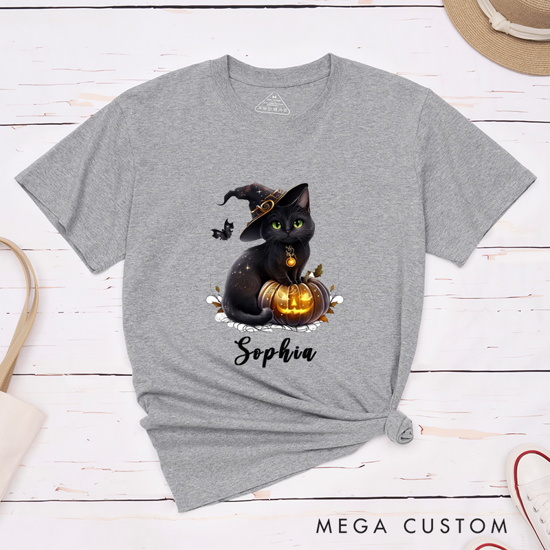 Personalized Halloween Black Cat Witch Hat Pumpkin Classic T-Shirts Custom Name Gift for Cat Lovers Women Men Unique Spooky Cute Pet Tee for Birthday