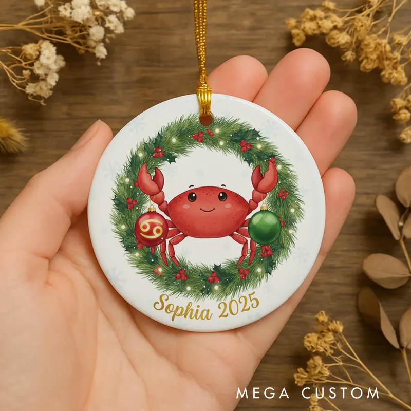 Personalized Cancer Christmas Ornament Ceramic Zodiac Crab Christmas Decoration Astrology Holiday Keepsake With Name Birthday Gift