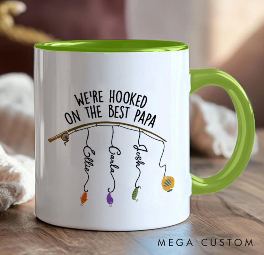 Personalized Fishing Themed Mug Hooked on the Best Mug Fathers Day Gift Cusrtom Kids' Names Perfect Gift for Dad Father’s Day or Birthday