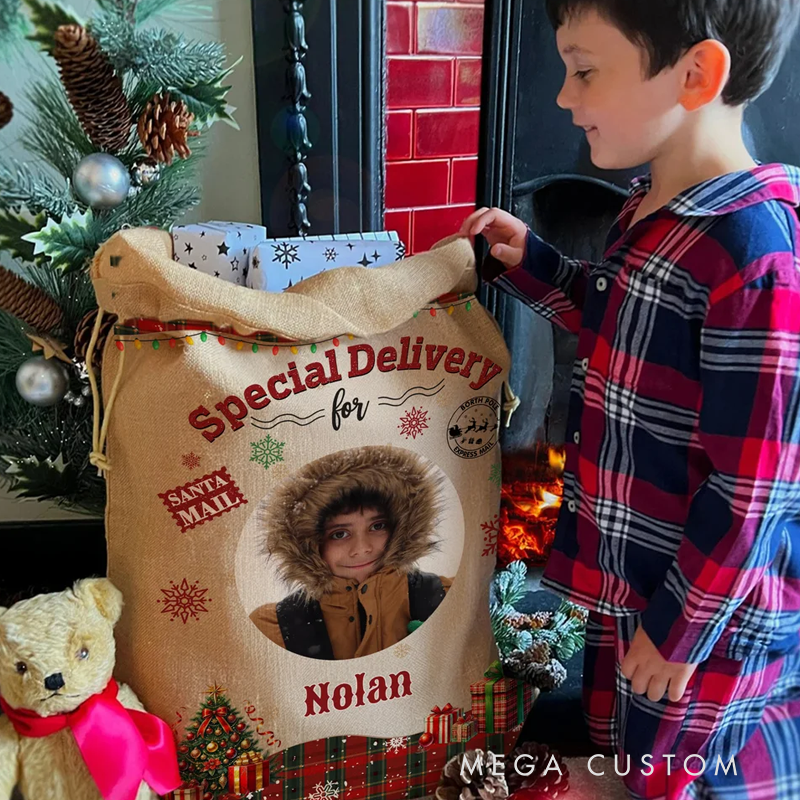 Personalized Christmas Tree Snowflake Checkered Christmas Gift Bag with Name and Photo Christmas Gift for Boys Girls