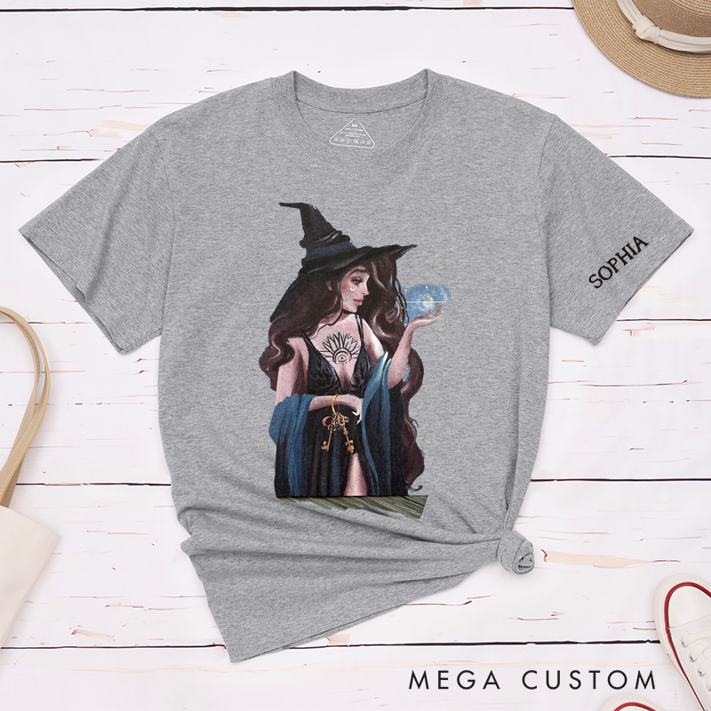 Personalized Witch T-Shirt Classic Unisex Custom Name Magic Sorceress Gift for Women and Men Unique Tarot Fortune Teller Halloween Birthday Present 