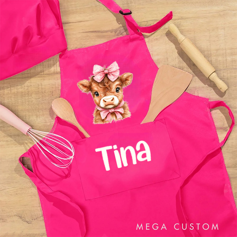 Personalized Animal Adventure Apron with Custom Name and Playful Blue Pink Highland Cow for Fun Baking Activities Kid Apron Gift for Kids