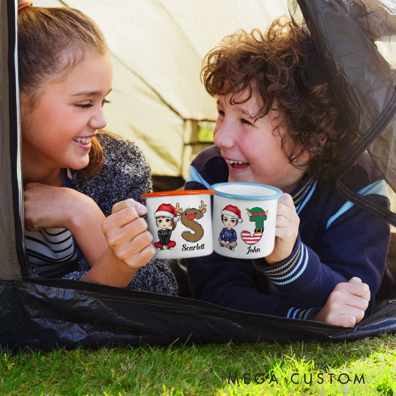 Personalized Santa Elf Reindeer Snowman Initial Cartoon 12oz Colored Rim Enamel Mug with Name Christmas Festival Gift for Kids Family