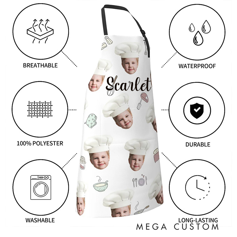Personalized Cute 1-3 Chef Hat Photos Avatar Apron with Adjustable Neck Strap Baking Apron with Name for Family Baking Lover