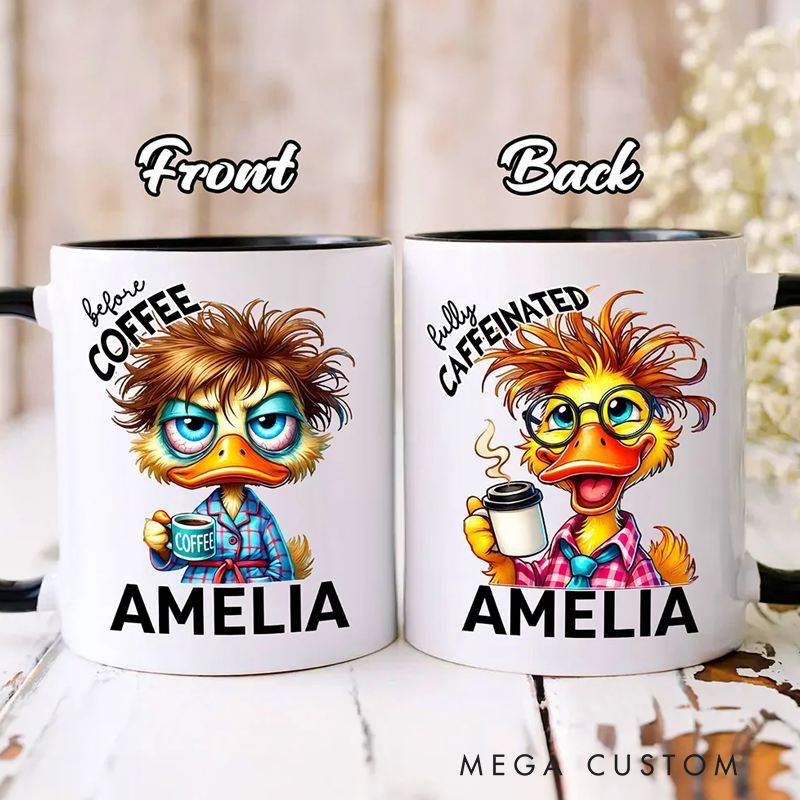 Personalised Cartoon Character Animal Before Coffee Caffeinated 11oz Ceramic Mug with Name Office Birthday Gift for Coffee Lover 