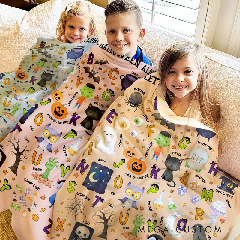 Personalized Funny Halloween Alphabet Soft Throw Blanket with Name Home Decor Educated Halloween Gift for Baby Toddlers