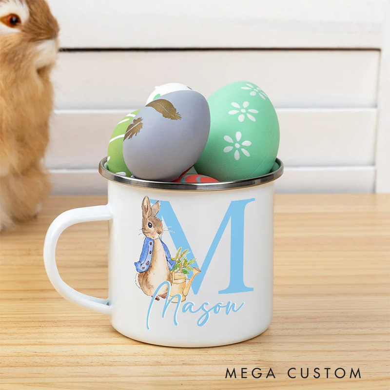 Personalized Cute Rabbit Bunny 12oz Enamel Mug with Initial and Name Back to School Birthday Easter Gift for Kids