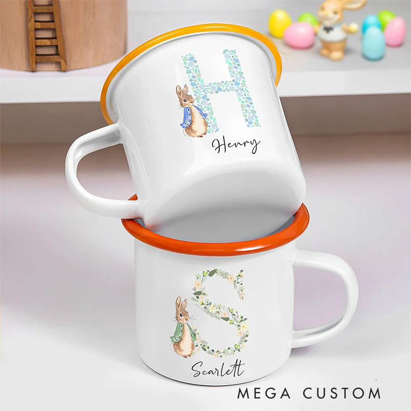 Personalized Flora Cute Rabbit Bunny Enamel Mug with Initial and Name Back to School Birthday Easter Gift for Kids