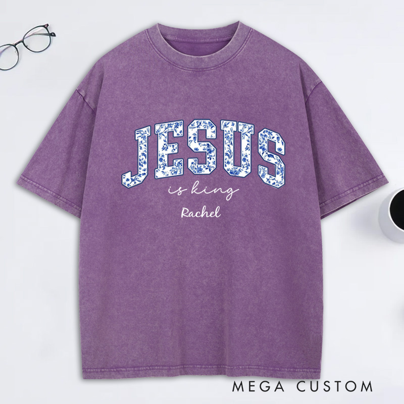 Personalized Jesus is King Toile Washed T-Shirt with Name Vintage Floral Christian Tee Religious Christian Gift