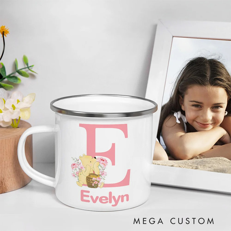 Personalized Cute Classic Bear Enamel Mug with Initial and Name Back to School Birthday Easter Gift for Kids