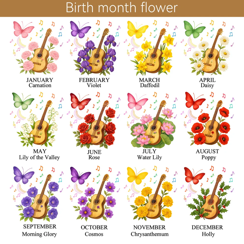 Personalized Guitar Birth Flower Butterfly Music Symbol 11 oz Ceramic Mug with Name Music Festivals Birthday Gift for Music Lovers