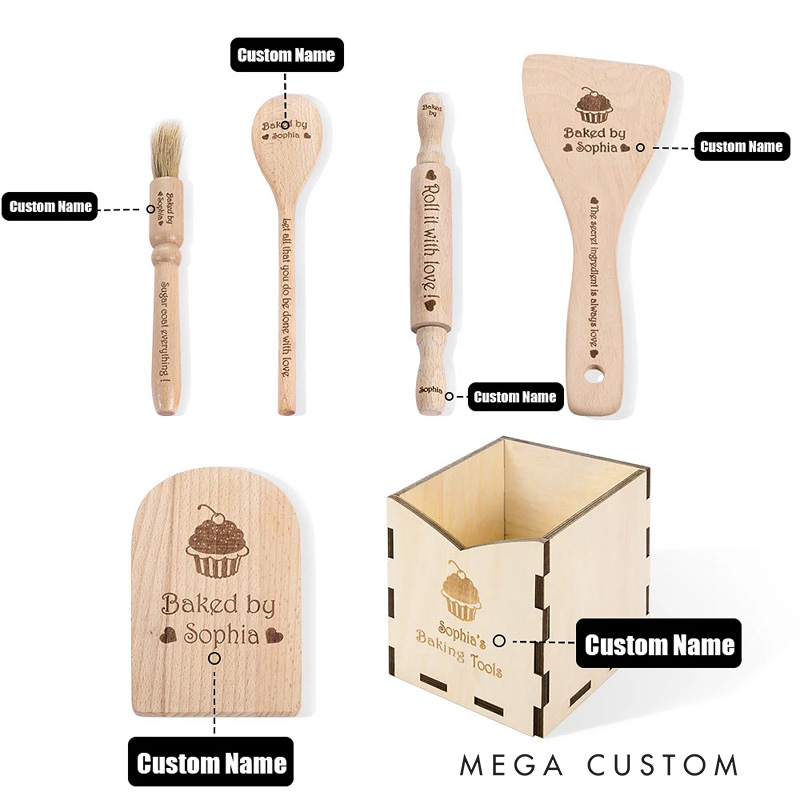 Personalized Wood Cooking Baking Tools with Name Set of 6 Kitchen Birthday Christmas Gift for Kids