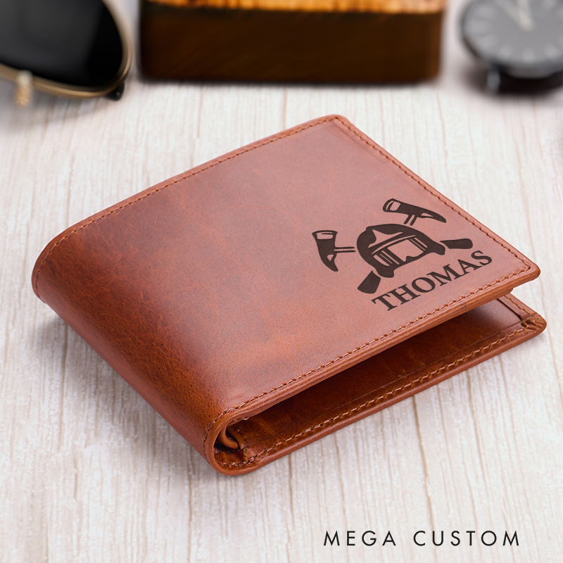 Personalized Firefighter Axe and Helmet Leather Wallet Firefighter wallet Oiled Leather wallet Fathers day gift for husband