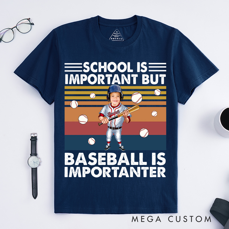 Personalized Baseball T-Shirt with "School Is Important But Baseball Is Importanter" Design with Your Photo