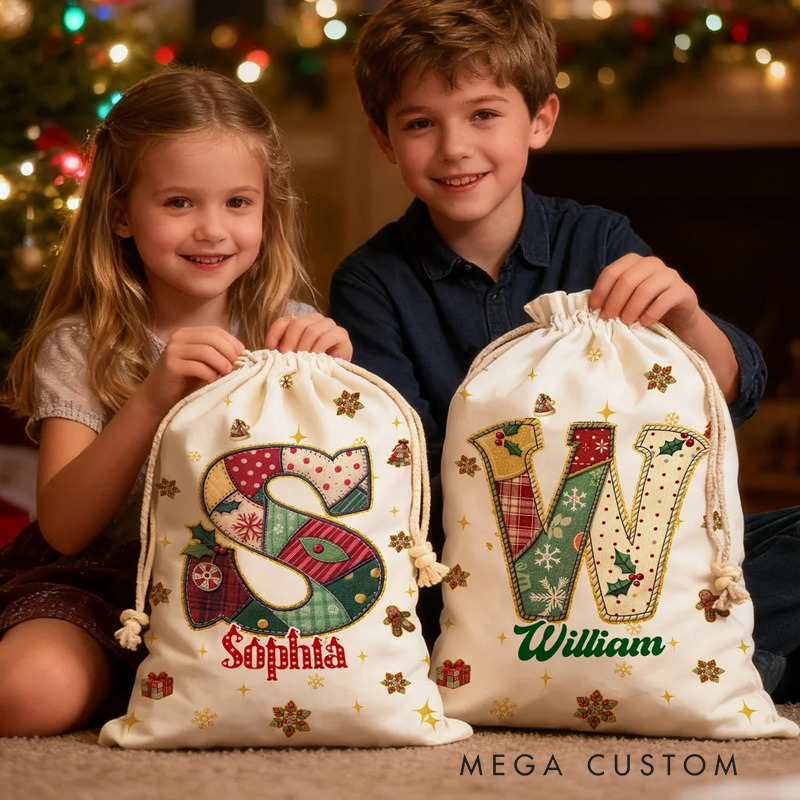 Personalized Christmas Tree Snowflake Initial Drawstring Canvas Gift Bag with Name Christmas Eve Party Favors for Kids