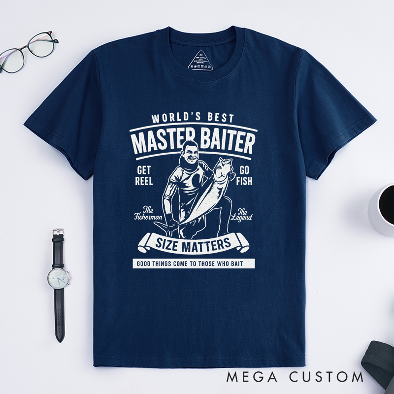 Funny Fishing T-Shirt World's Best Master Baiter Design Custom Photo T-Shirt Perfect Gift for Fishermen Humor Lovers and Outdoor Enthusiasts