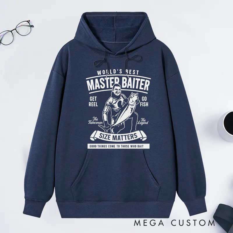 Personalized Funny Fishing Hoodie Custom Photo Hoodie World's Best Master Baiter Design Warm and Comfortable Gift for Fishermen and Humor Lovers