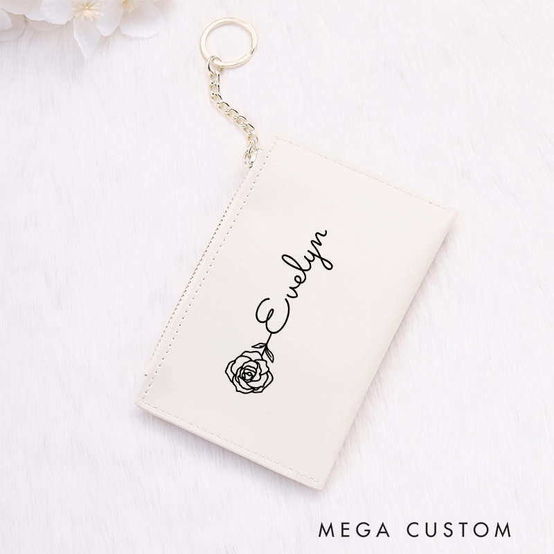 Personalized Leather Wallet for Girl Birth Flower Wallet for Her Leather Wallet With Zipper Purse Wallet Cute wallet Unique Gift for Her Birthday Gifts