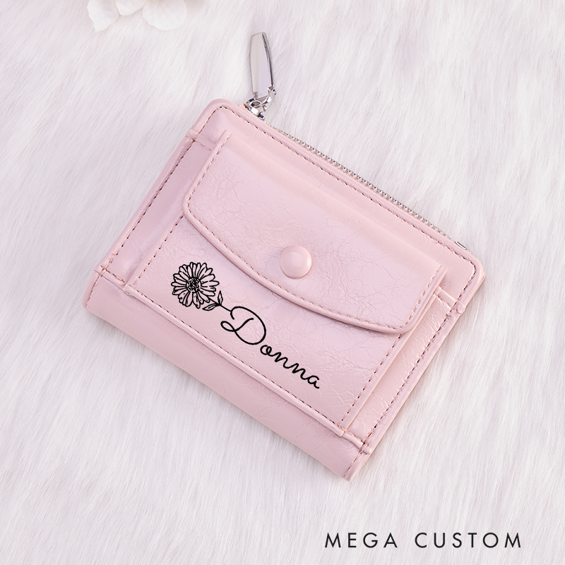 Personalized Leather Wallet for Girl Birth Flower Wallet for Her Zipper Wallet Purse Wallet Cute wallet Women's Purse Unique Gift for Her Birthday Gifts
