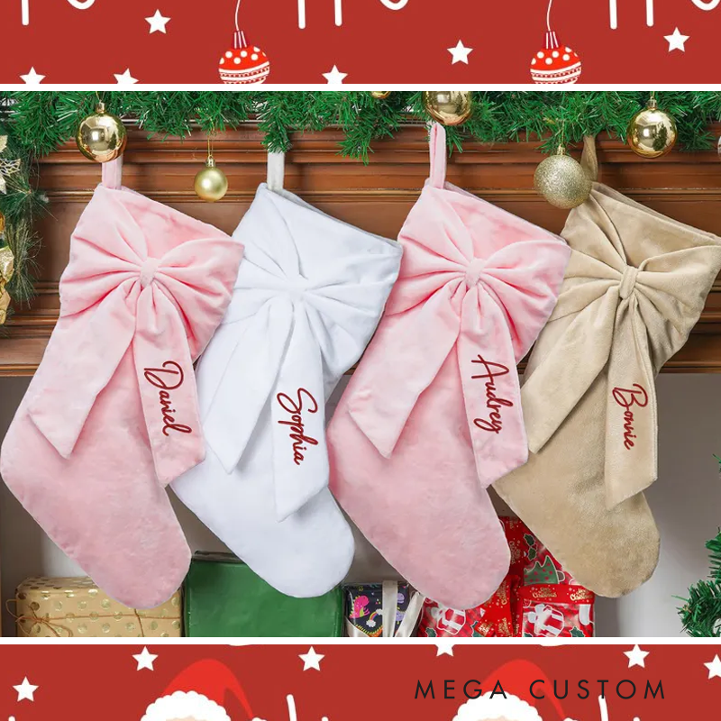 Personalized Bow Christmas Stocking 2025 Embroidered Christmas Stocking Velvet Christmas Stocking with Name Christmas Gift Family Decor