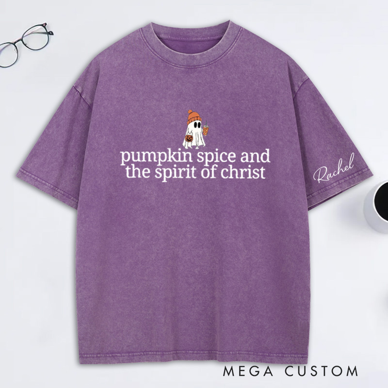 Personalized Cute Ghost Pumpkin Spice Washed T-Shirt with Name Halloween Gift Religious Gift for Christians