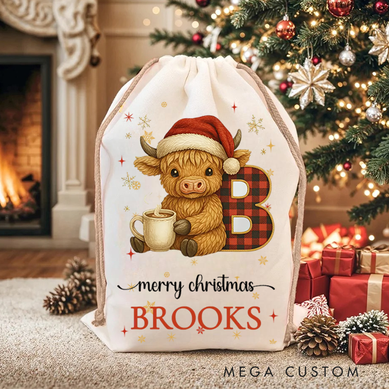 Personalized Highland Cow Santa Sack Drawstring Bag for Present Holiday Gifts BagChristmas Present Gift Bag for Him Her Kids Adults