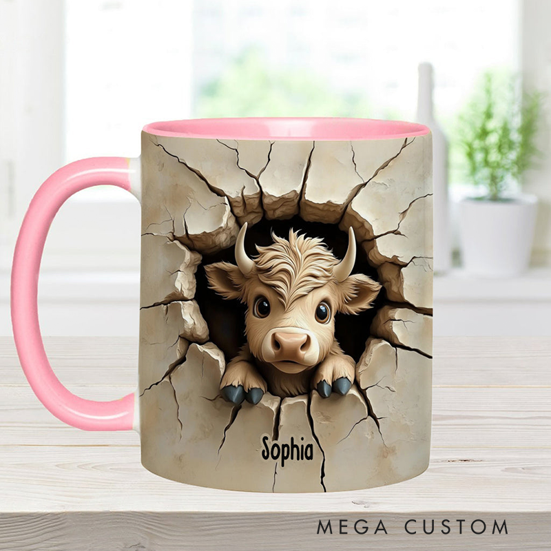 Personalized Cute Highland Cow Peeking Highland Cow Accent Mug