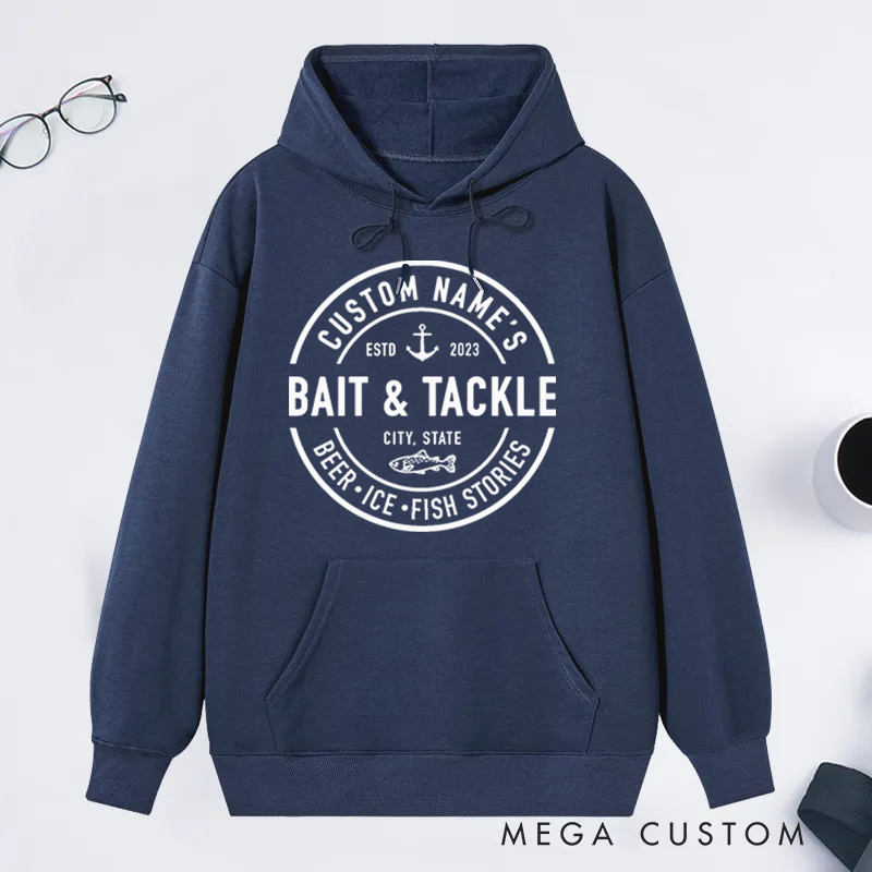 Personalized  Bait and Tackle Fishing Hoodie Boat Fishing Hoodie Custom Name Time and Place Design Perfect Gift for Fishing Enthusiasts